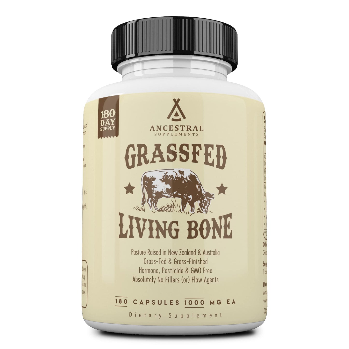 Ancestral Supplements Grass-Fed Beef Living Bone Supplement - Bone Health, Joint Support, Non-GMO, 180 Capsules