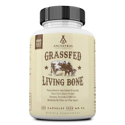 Ancestral Supplements Grass-Fed Beef Living Bone Supplement - Bone Health, Joint Support, Non-GMO, 180 Capsules