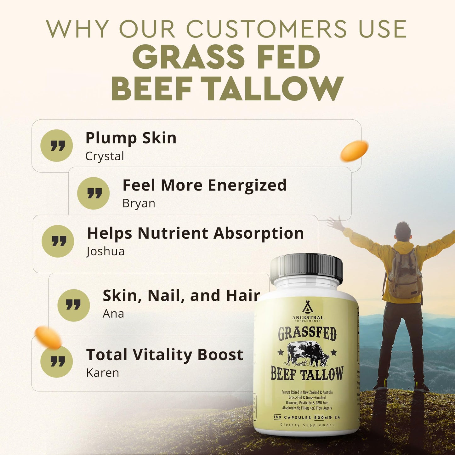 Ancestral Supplements Grass Fed Beef Tallow Capsules 3000mg – Non-GMO | 180 Capsules