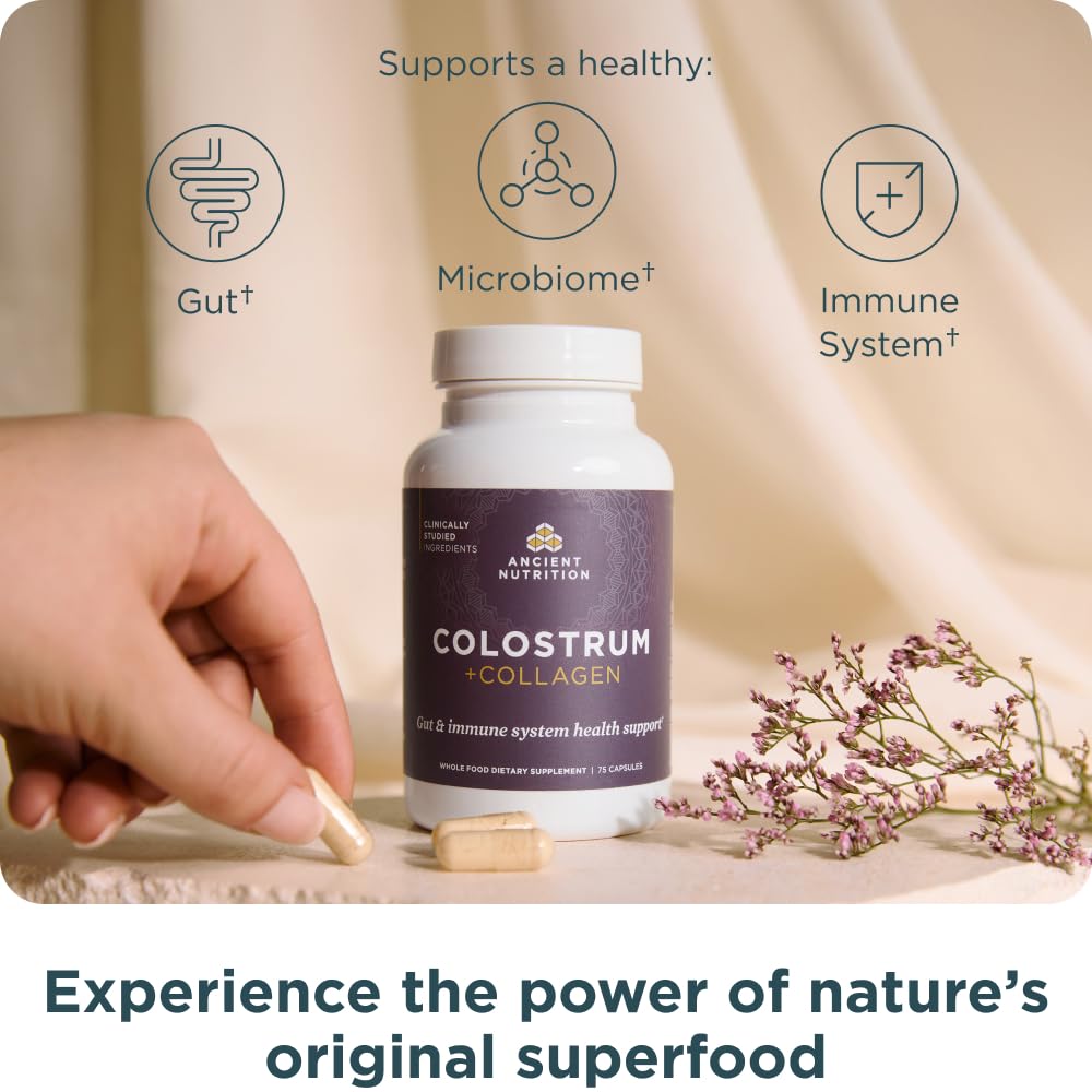Ancient Nutrition Colostrum Superfood + Collagen – Grass-Fed Bovine Colostrum & Fermented Eggshell Membrane, 75 Count