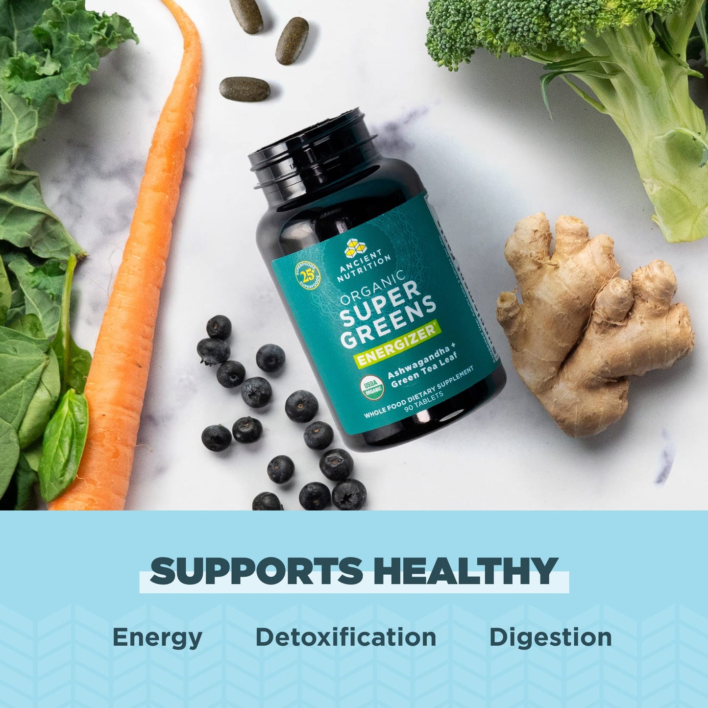 Ancient Nutrition Supergreens Energizer Tablets – Caffeine Boost