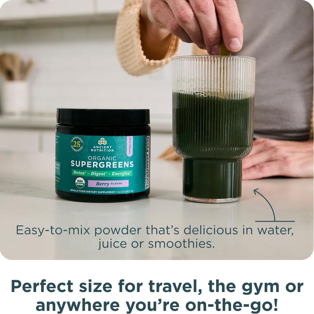 Ancient Nutrition SuperGreens Powder with Probiotics – Organic Berry Flavor, 12 Servings, 3.2oz