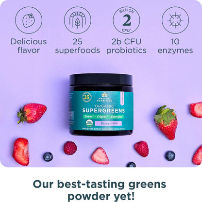 Ancient Nutrition SuperGreens Powder with Probiotics – Organic Berry Flavor, 12 Servings, 3.2oz