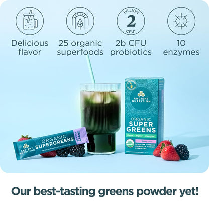 Ancient Nutrition SuperGreens Powder with Probiotics – Organic Berry Greens, 16 Stick Packs (4.2 oz)