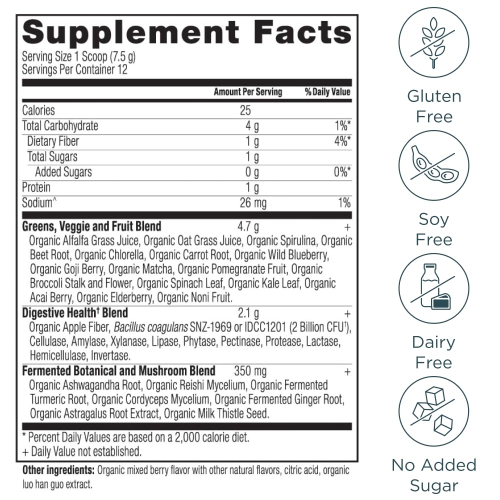 Ancient Nutrition SuperGreens Powder with Probiotics – Organic Berry Flavor, 12 Servings, 3.2oz
