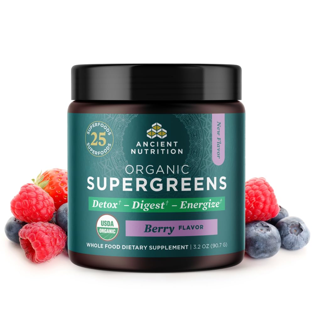 Ancient Nutrition SuperGreens Powder with Probiotics – Organic Berry Flavor, 12 Servings, 3.2oz