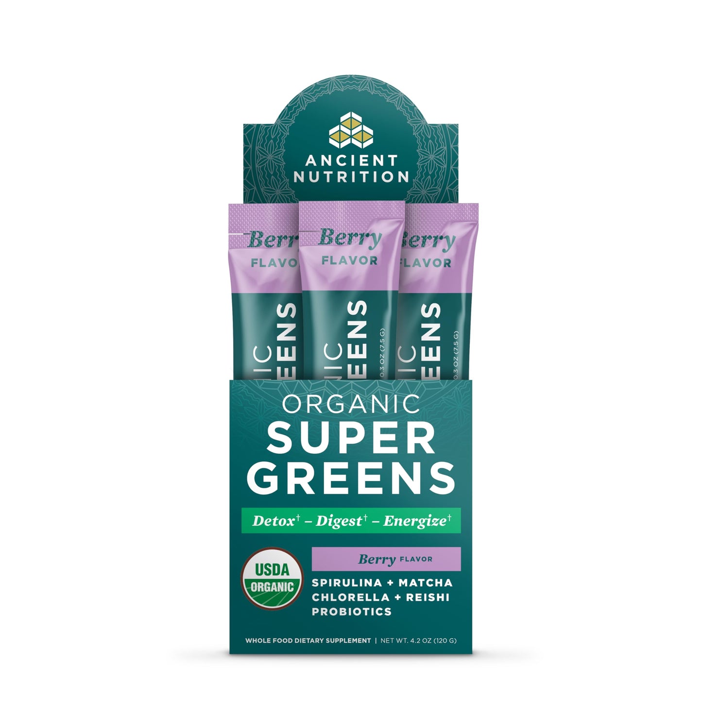 Ancient Nutrition SuperGreens Powder with Probiotics – Organic Berry Greens, 16 Stick Packs (4.2 oz)