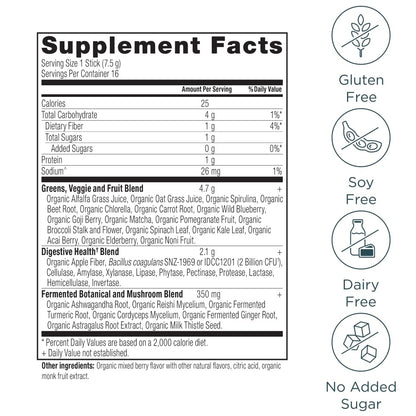 Ancient Nutrition SuperGreens Powder with Probiotics – Organic Berry Greens, 16 Stick Packs (4.2 oz)
