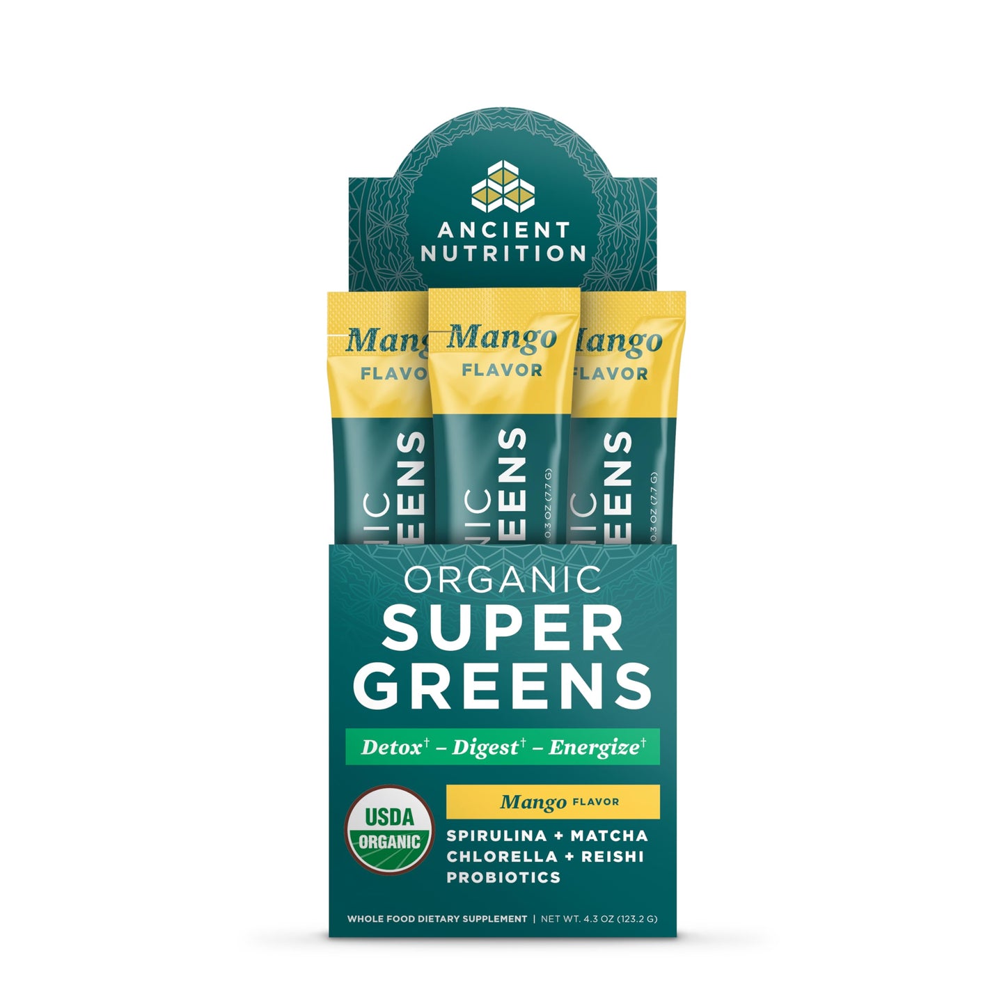 Ancient Nutrition SuperGreens Powder with Probiotics – Organic Mango Flavor, 16 Stick Packs (4.3oz)