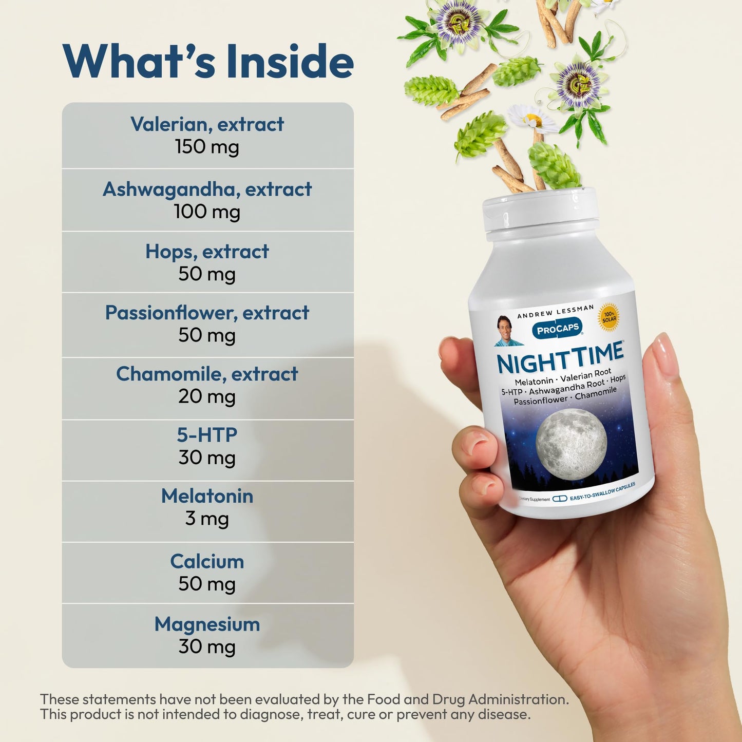 ANDREW LESSMAN NightTime 60 Capsules – Melatonin 3mg, Valerian, Ashwagandha, Passionflower, Hops & Chamomile