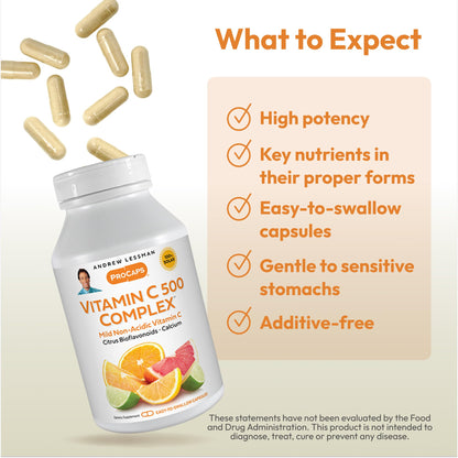 ANDREW LESSMAN Vitamin C 500 Complex – 60 Capsules | Non-Acidic Vitamin C with Bioflavonoids