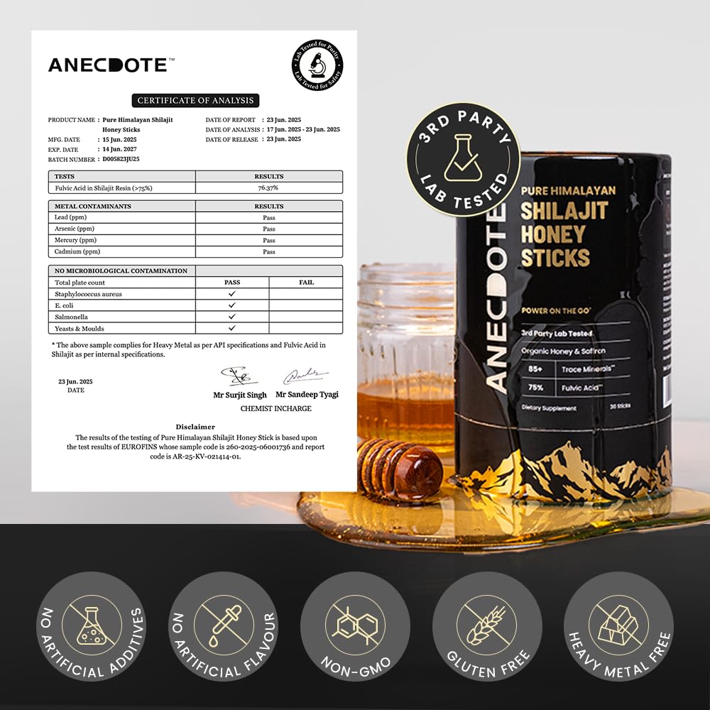 ANECDOTE Himalayan Shilajit Honey Sticks with Organic Honey & Saffron — Boosts Stamina, Immunity & Focus | 75% Fulvic Acid, 85+ Minerals | 30 Sticks