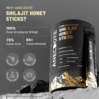 ANECDOTE Himalayan Shilajit Honey Sticks with Organic Honey & Saffron — Boosts Stamina, Immunity & Focus | 75% Fulvic Acid, 85+ Minerals | 30 Sticks