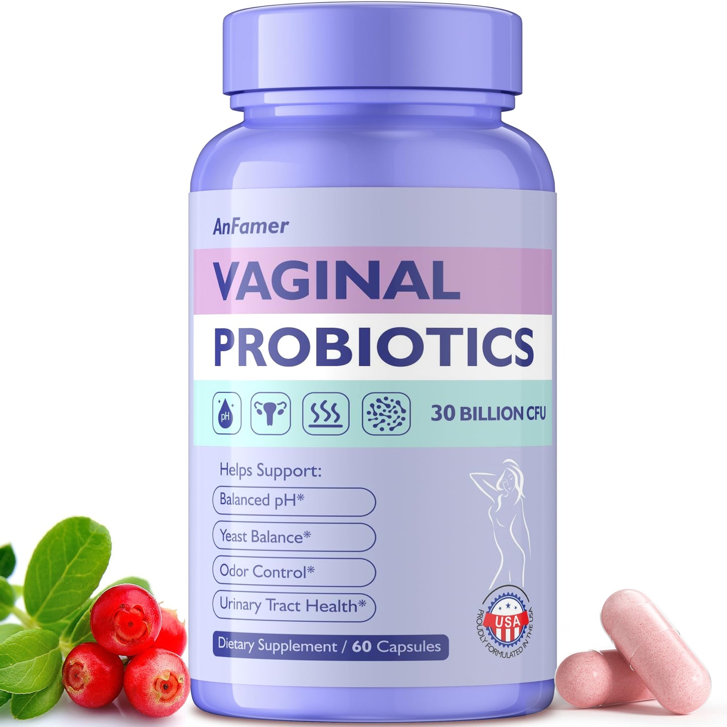 AnFamer Vaginal Probiotics for Women – 30B CFU, 60 Capsules