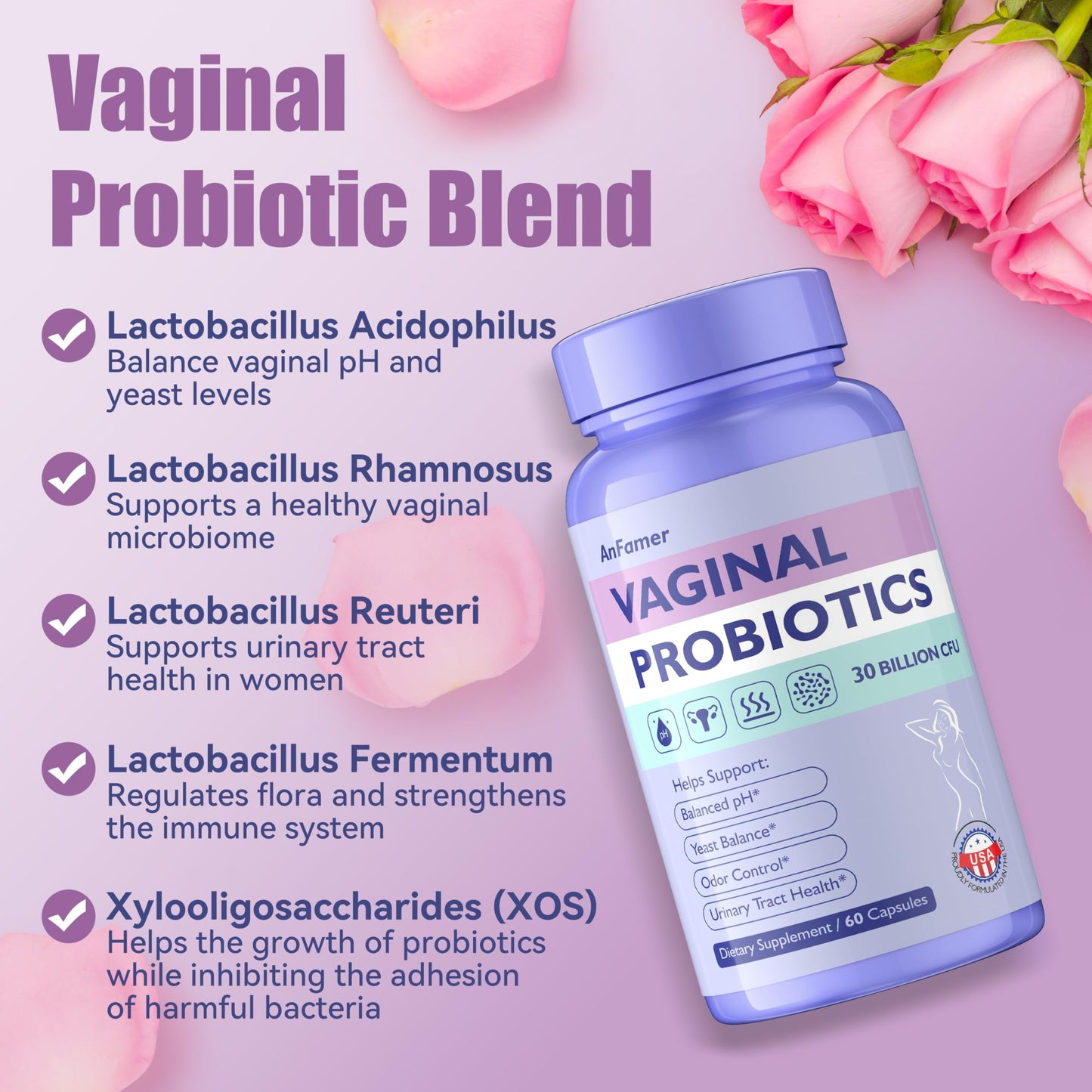 AnFamer Vaginal Probiotics for Women – 30B CFU, 60 Capsules