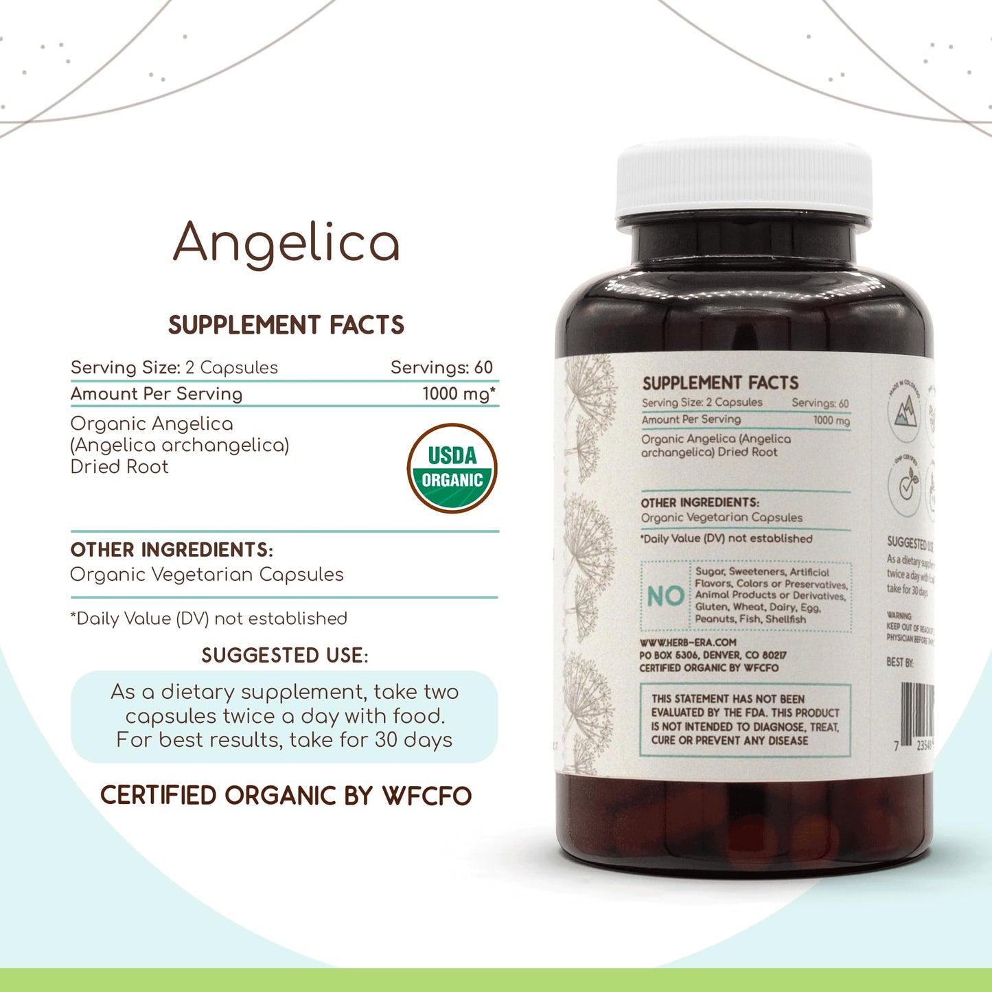 HerbEra Angelica USDA Organic 120 Capsules | Organic Angelica Root Supplement