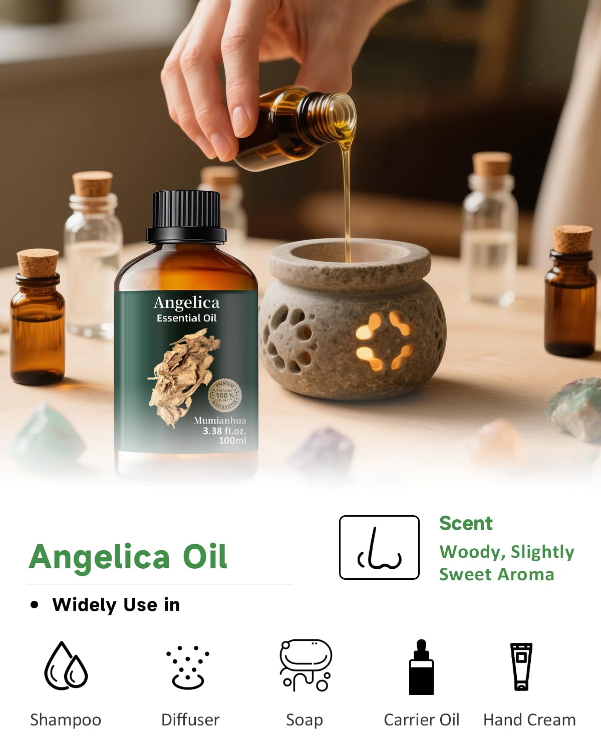 Angelica Root Essential Oil Pure Mumianhua Natural Angelica Oil for Diffuser, Aromatherapy, Skin, Hair, Massage & Candle Making 3.38 Fl Oz