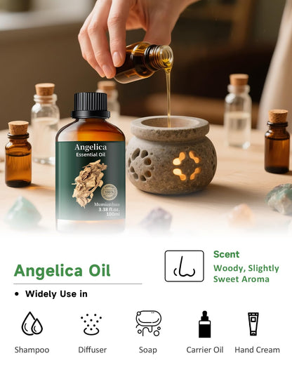 Angelica Root Essential Oil Pure Mumianhua Natural Angelica Oil for Diffuser, Aromatherapy, Skin, Hair, Massage & Candle Making 3.38 Fl Oz