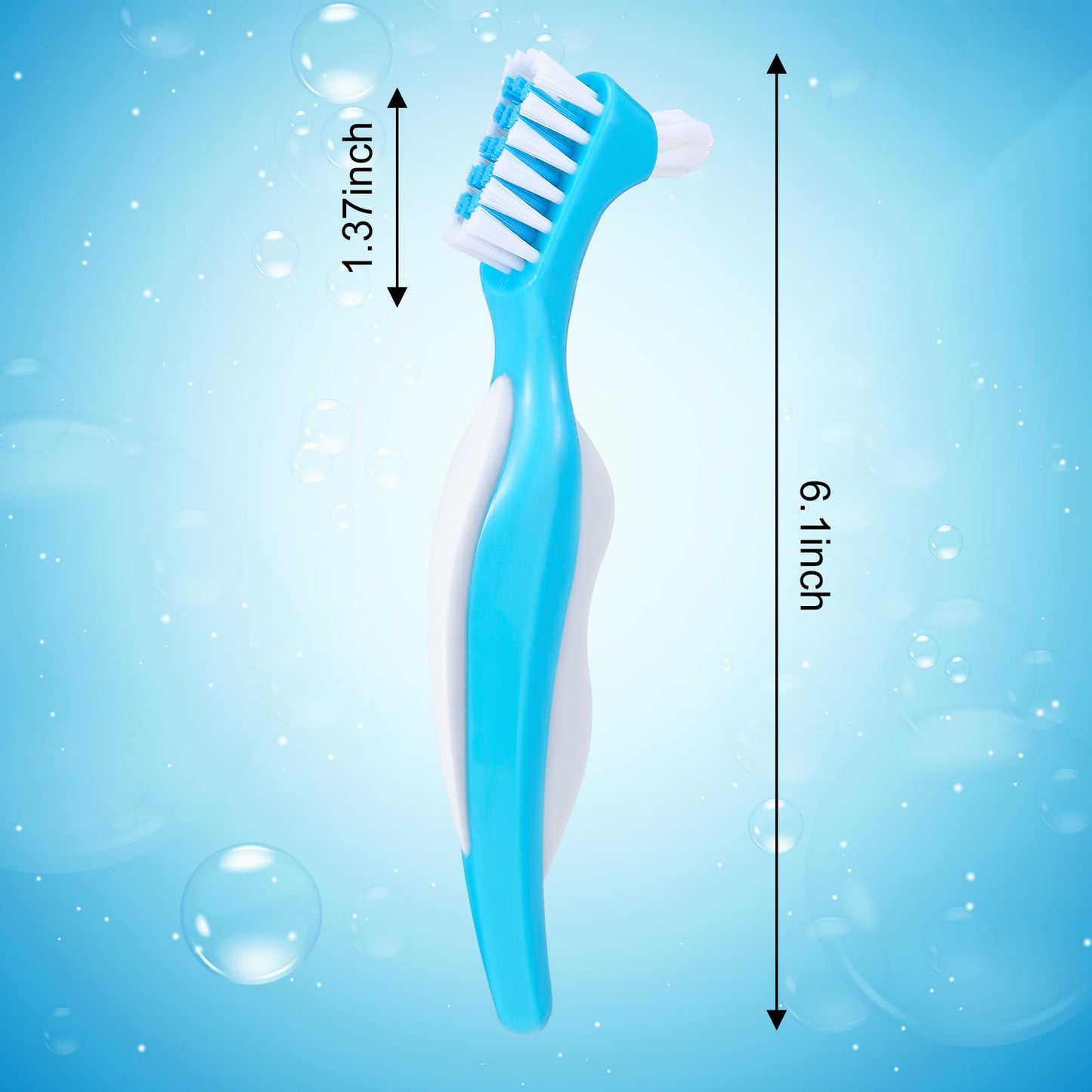 6 Pack Denture Cleaning Brush Dual Head – Angled, Portable Nylon Bristle Toothbrush (Blue/Orange/Purple)
