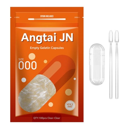 Angtai JN Empty Gelatin Capsules Size 000 — Pure Bovine, Gluten Free, Non-GMO, Halal Certified (100 Count) with 2 Spoons