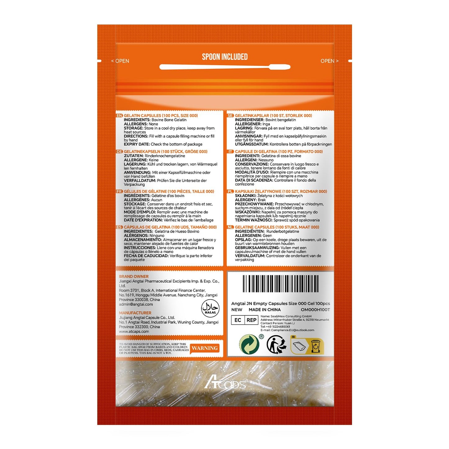 Angtai JN Empty Gelatin Capsules Size 000 — Pure Bovine, Gluten Free, Non-GMO, Halal Certified (100 Count) with 2 Spoons