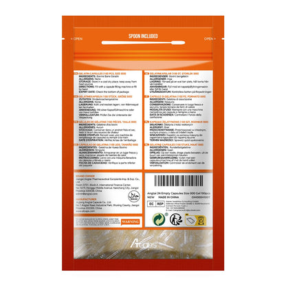 Angtai JN Empty Gelatin Capsules Size 000 — Pure Bovine, Gluten Free, Non-GMO, Halal Certified (100 Count) with 2 Spoons