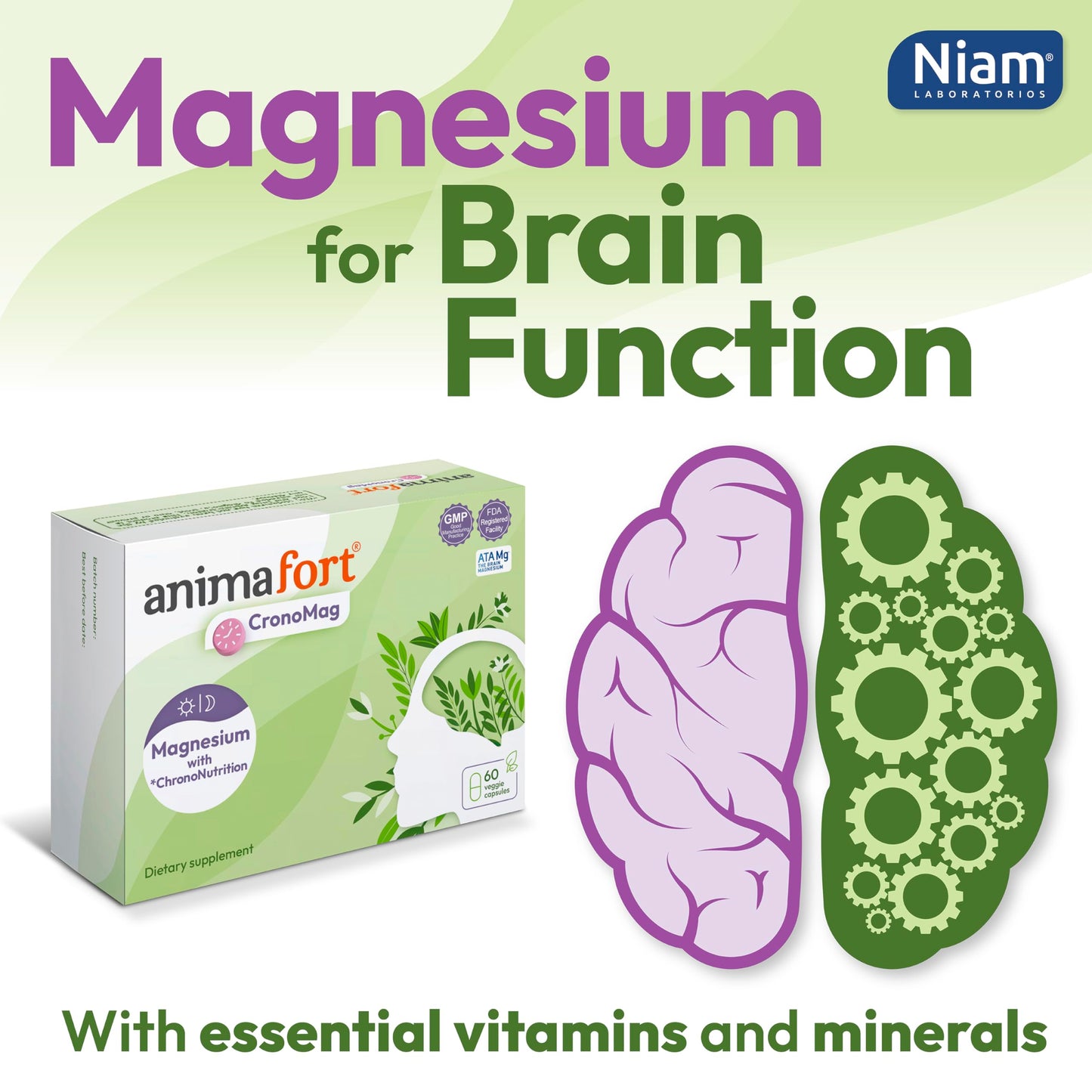 NIAM Laboratorios CronoMag Magnesium Complex | 6 High-Absorption Salts | B12 & D Vitamins | 60 Capsules | Animafort CronoMag