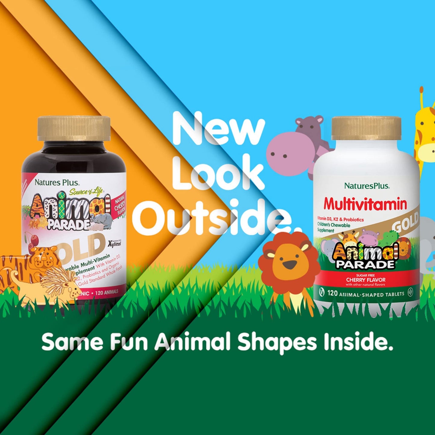 Natures Plus Animal Parade Gold Kids Multivitamin – Cherry Flavor, 60 Animal-Shaped Tablets (D3, K2) | Vegetarian & Gluten Free