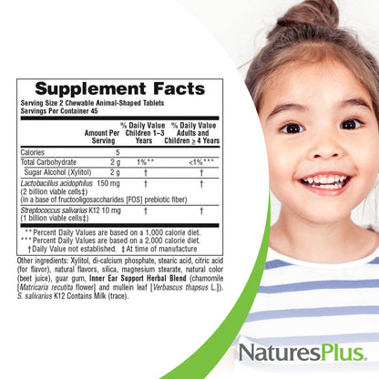 Natures Plus Animal Parade Inner Ear Support – Kids Probiotic Chewables (Cherry, 90 Tablets)