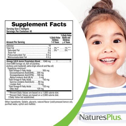 Natures Plus Animal Parade Omega 3/6/9 Junior - Lemon, 90 Softgels | Non-GMO, Gluten Free