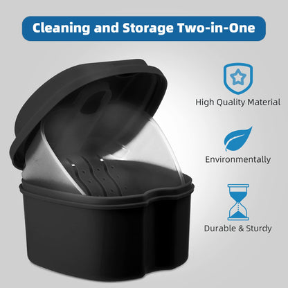 Annhua Denture Cup Retainer Cleaning Case with Strainer Basket - Denture Soaking Container | Black