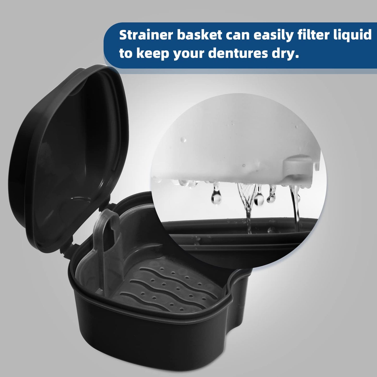Annhua Denture Cup Retainer Cleaning Case with Strainer Basket - Denture Soaking Container | Black