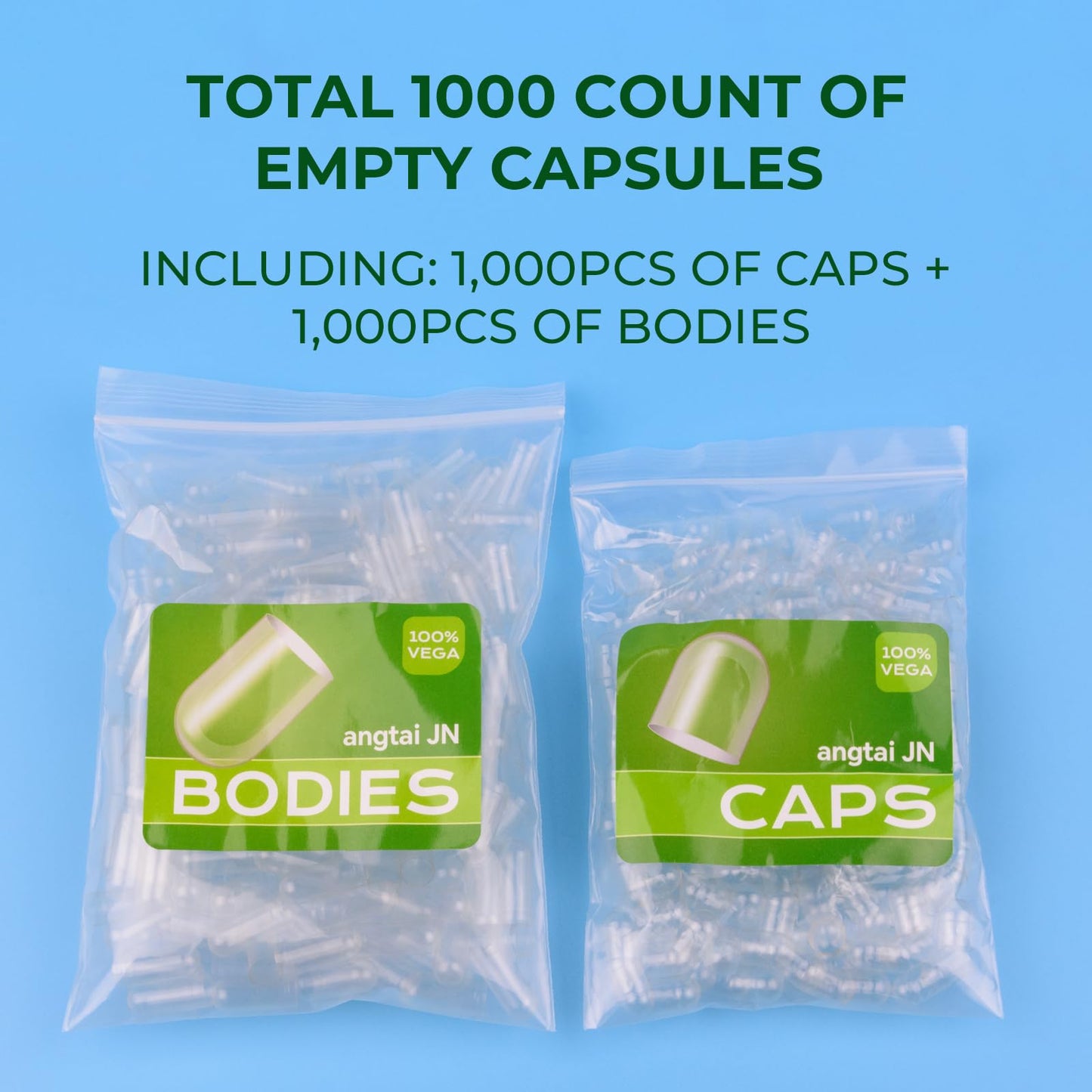 Angtai JN Empty Capsules Size 00 Separated Vegan Pill Caps – Plant-Based, Gluten Free