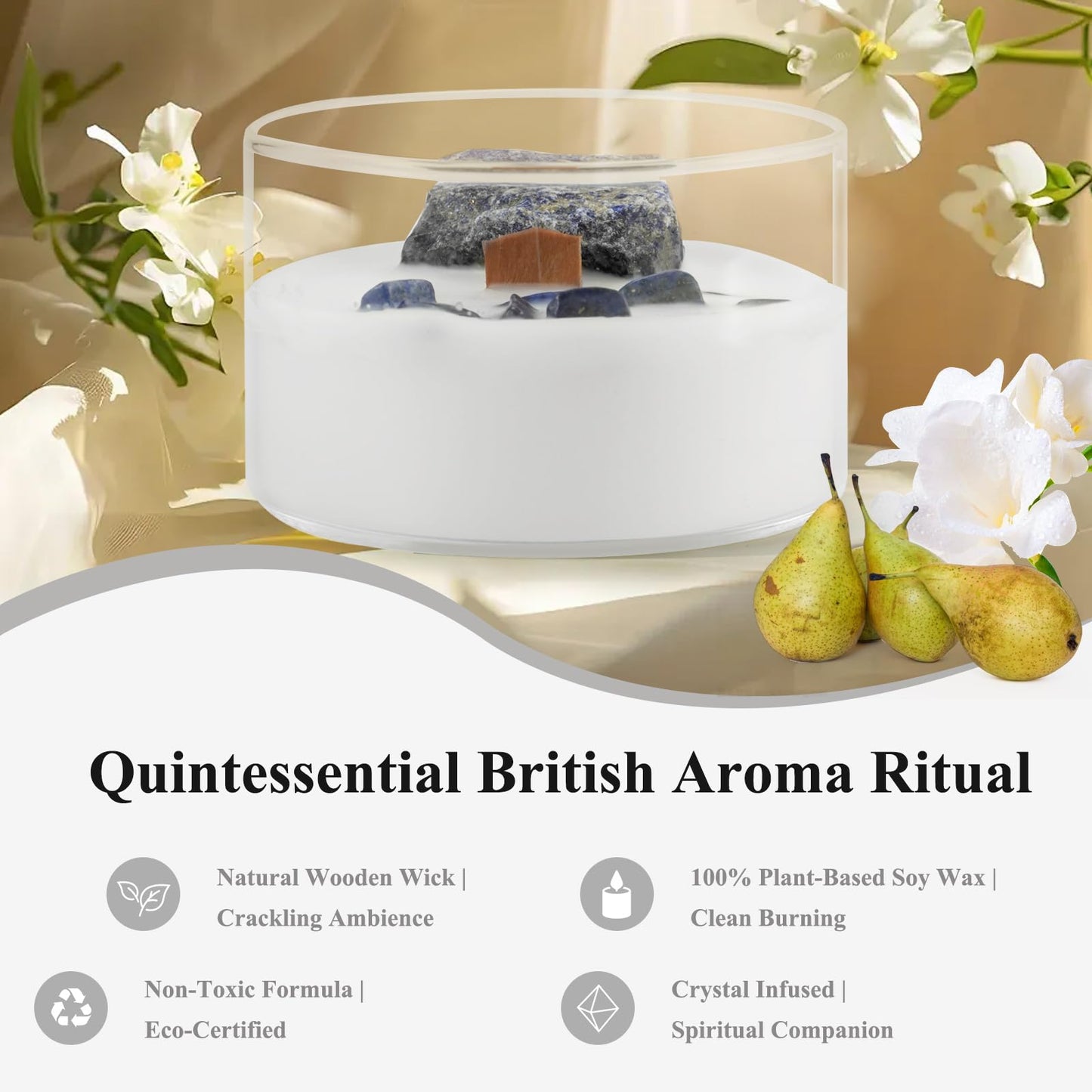AntExpanse English Pear & Freesia Soy Candle – 55-Hour Wood Wick, Crystals, 7oz Gift
