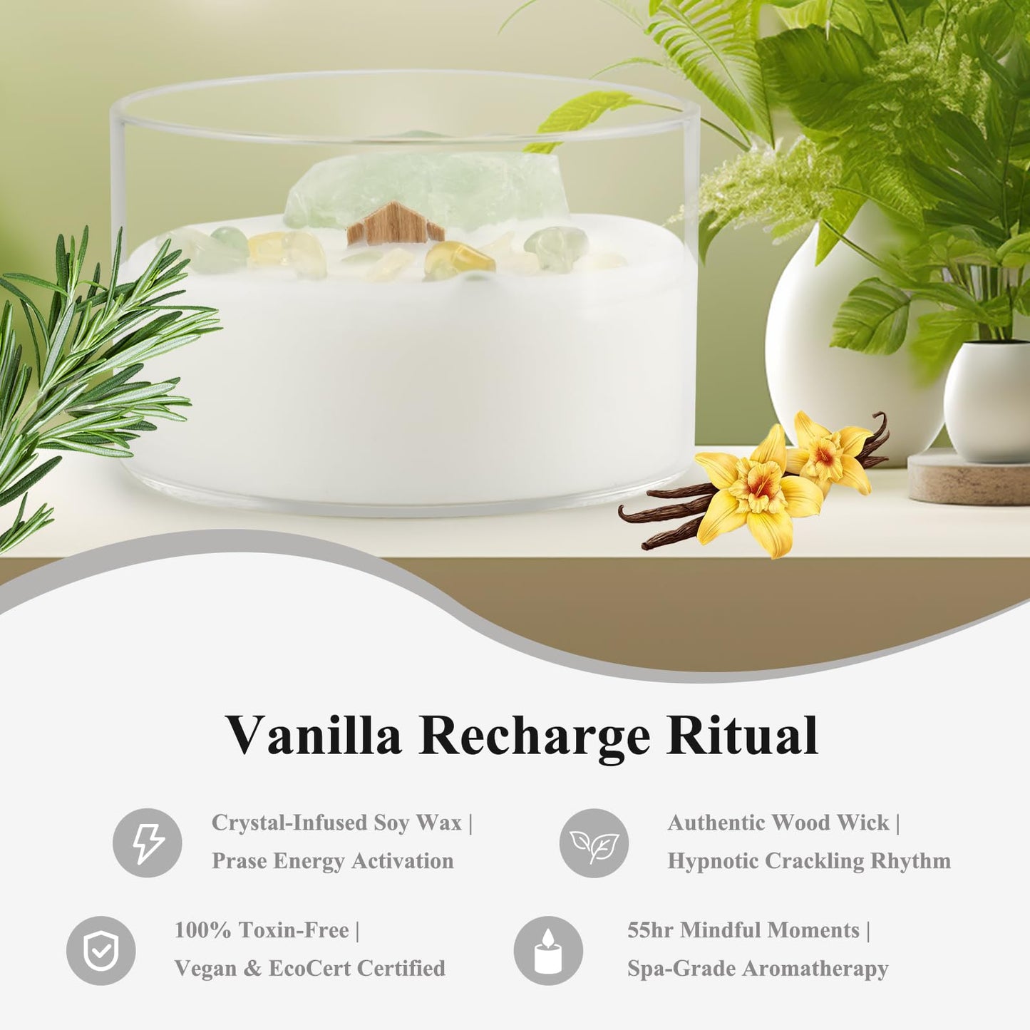 AntExpanse Vanilla Soy Candle – Wood Wick, Crystals, 55-Hour Aromatherapy (7oz)