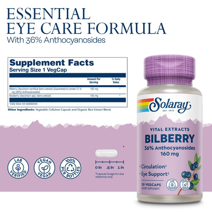 SOLARAY Bilberry Extract 160 mg – Eye Health & Circulation Support | 36% Anthocyanosides | Vegan