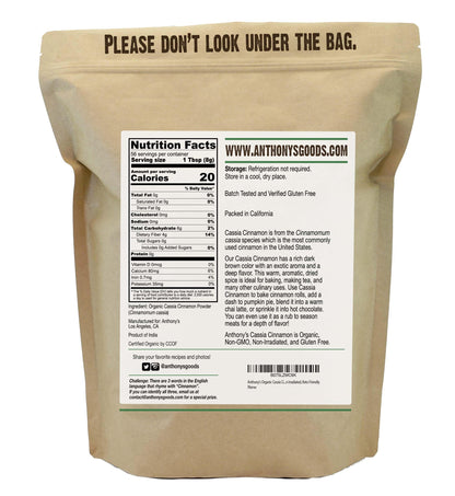 Anthony's Organic Cassia Cinnamon Powder - 1 lb, Ground, Gluten Free, Non-GMO, Non-Irradiated, Keto Friendly