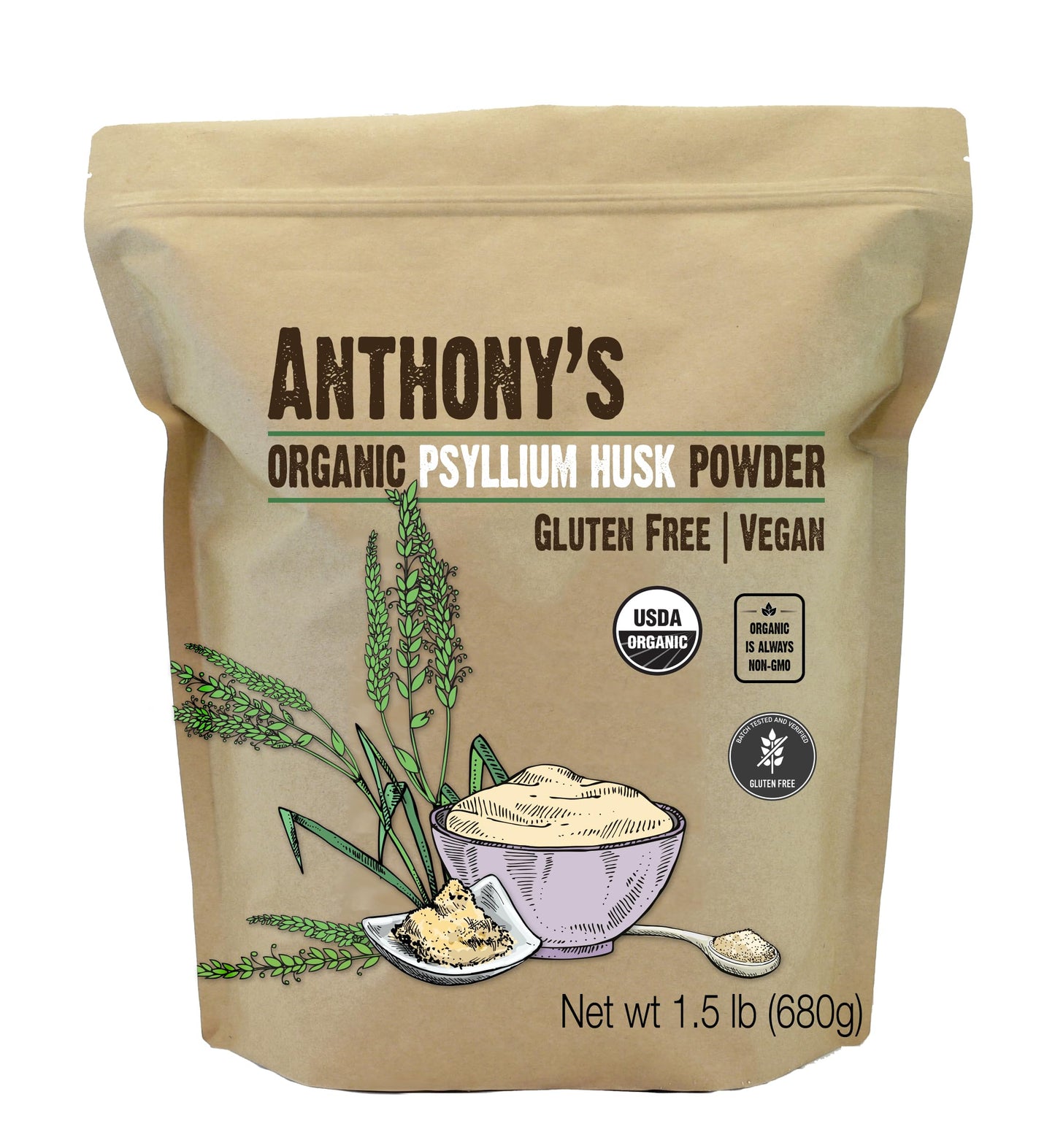 Anthony's Organic Psyllium Husk Powder 1.5 lb – Gluten Free, Non-GMO, Finely Ground