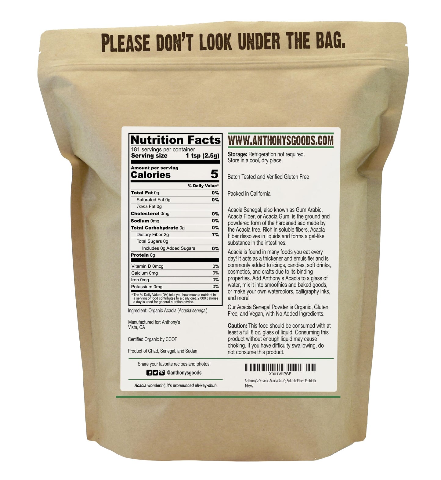 Anthony's Organic Acacia Senegal Powder 1 lb – Gluten Free, Non-GMO, Prebiotic