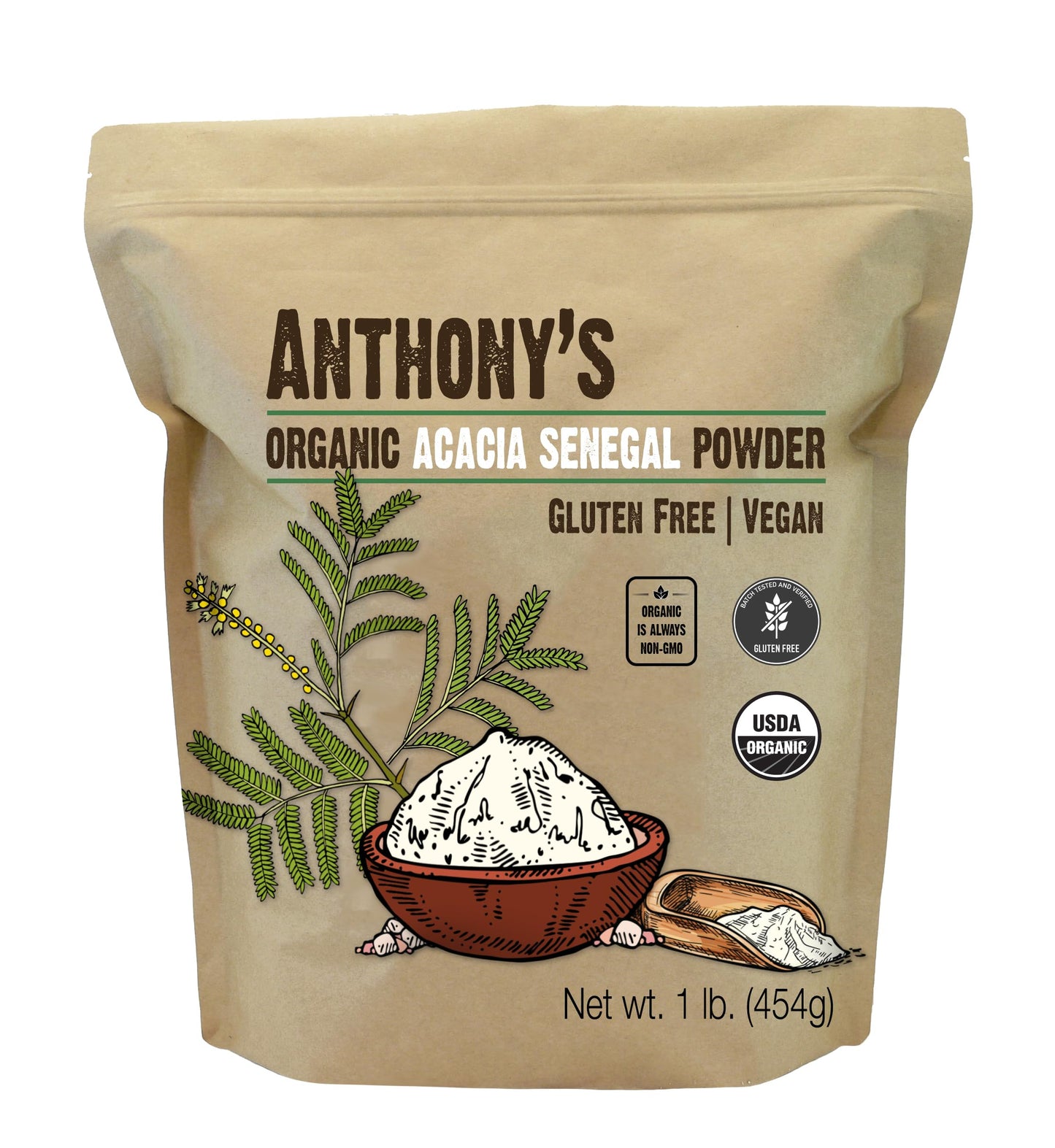 Anthony's Organic Acacia Senegal Powder 1 lb – Gluten Free, Non-GMO, Prebiotic