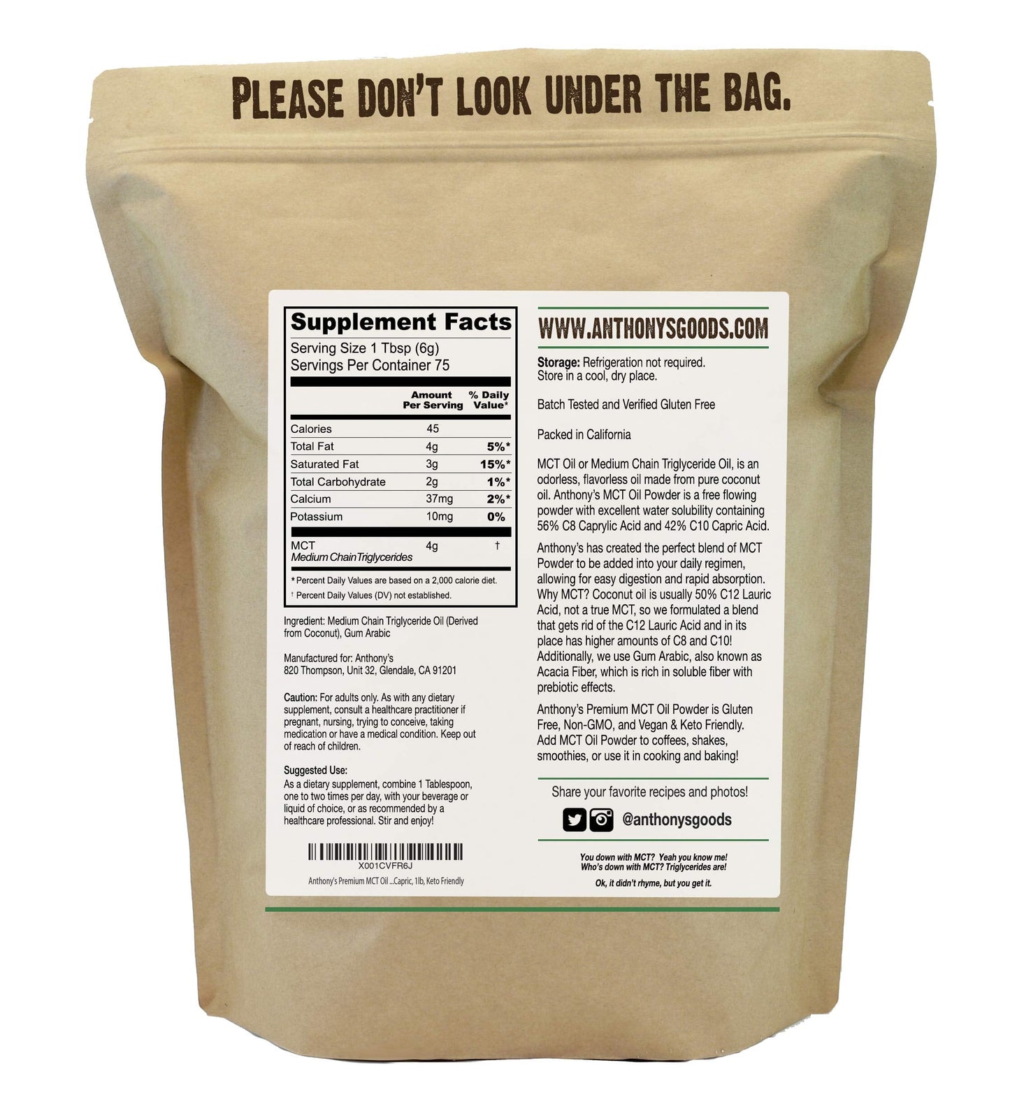 Anthony's Premium MCT Oil Powder 56% C8 / 42% C10 – 1 lb | Gluten Free & Keto