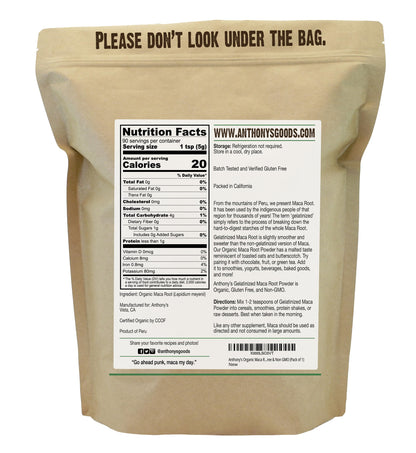 Anthony's Organic Maca Root Powder 1 lb – Gelatinized, Gluten Free & Non-GMO
