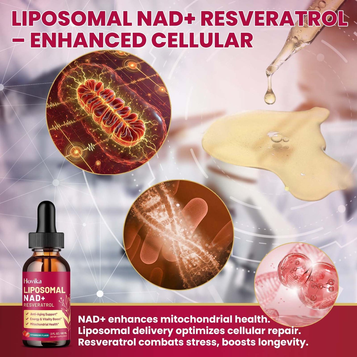 2 Pack Liposomal NAD+ Drops 1200mg - Strawberry Flavor, Resveratrol & Black Pepper