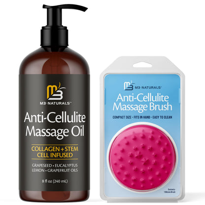 Anti Cellulite Massage Oil & Silicone Body Brush — Collagen & Stem Cell Skin Tightening, 8 fl oz by M3 Naturals