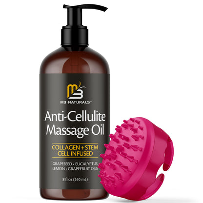 Anti Cellulite Massage Oil & Silicone Body Brush — Collagen & Stem Cell Skin Tightening, 8 fl oz by M3 Naturals