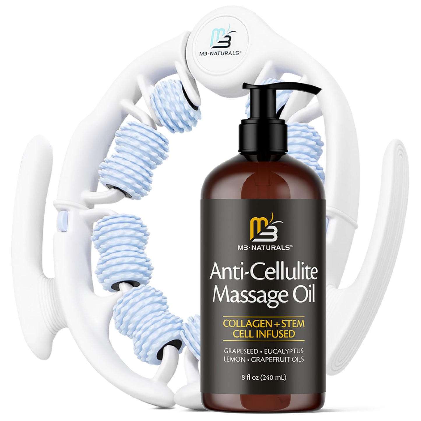 Anti Cellulite Oil & Lymphatic Drainage Massager Kit | Fascia Blaster for Contoured & Smoother Skin | 8 fl oz by M3 Naturals