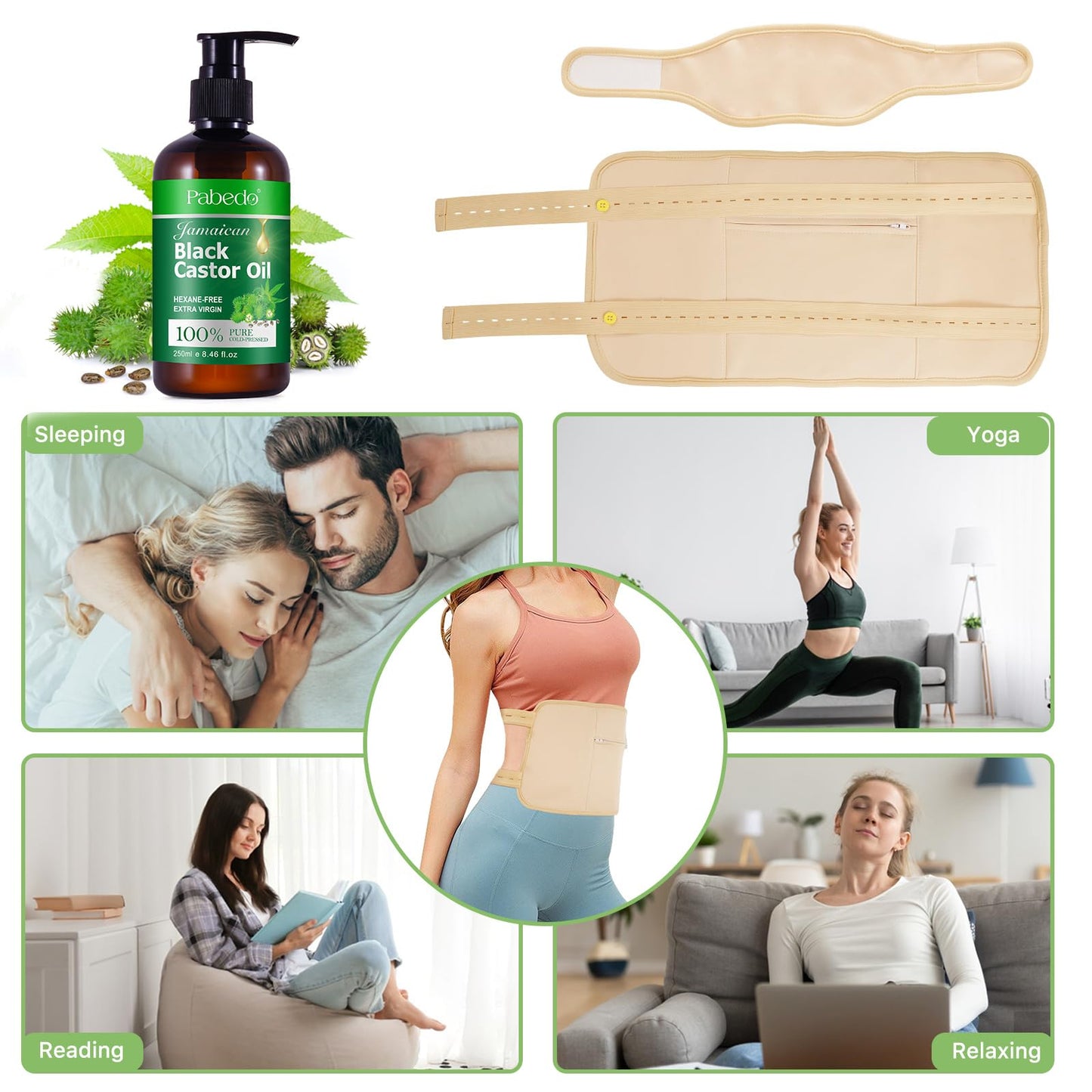Castor Oil Pack Wrap | Organic Cotton, Cold-Pressed Jamaican Black Castor Oil 250ml, Anti-Leak