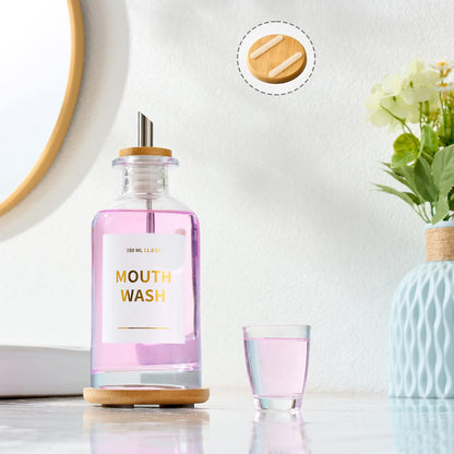 Glass Mouthwash Dispenser for Bathroom – 11.8oz, Stainless Steel Spouts, Bamboo Holder