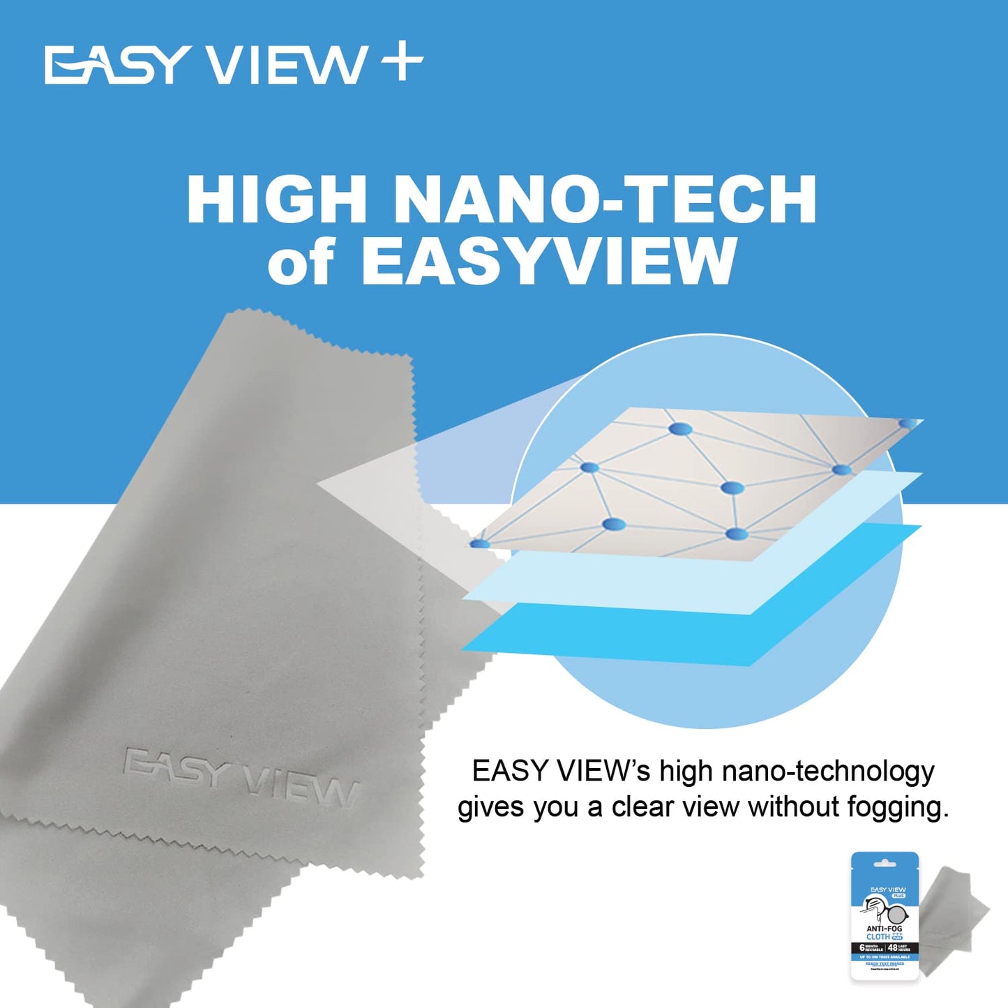 EASY VIEW+ Anti-Fog Microfiber Cloth for Glasses, Goggles, Motorcycle Helmet & Camera Lens