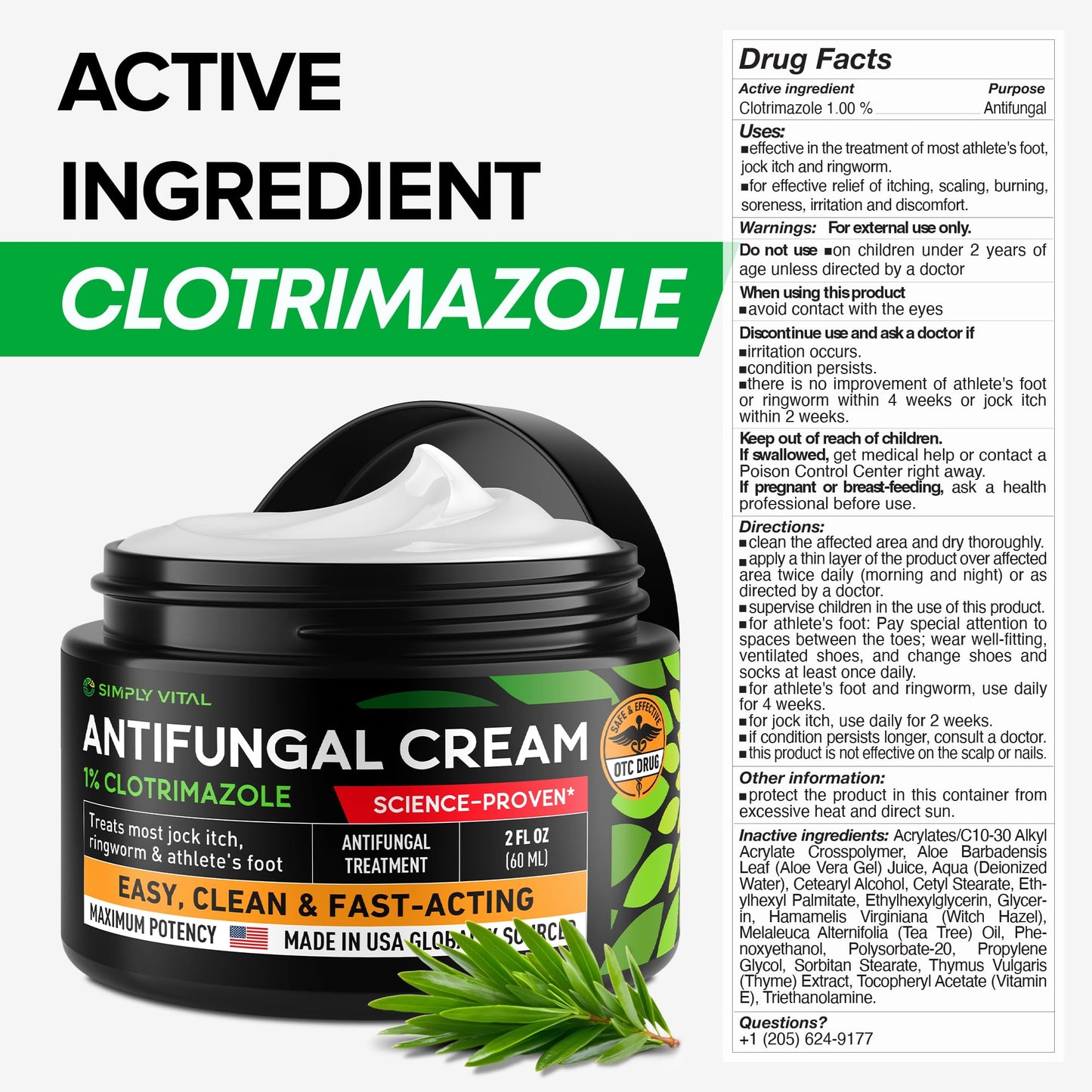 Antifungal Cream for Athlete's Foot, Ringworm & Jock Itch - Clotrimazole 1% Made in USA - Extra Strength Ring Worm, Jock Itch Cream, Anti Fungal Athletes Foot Treatment for Humans Skin Fungus - 2 oz